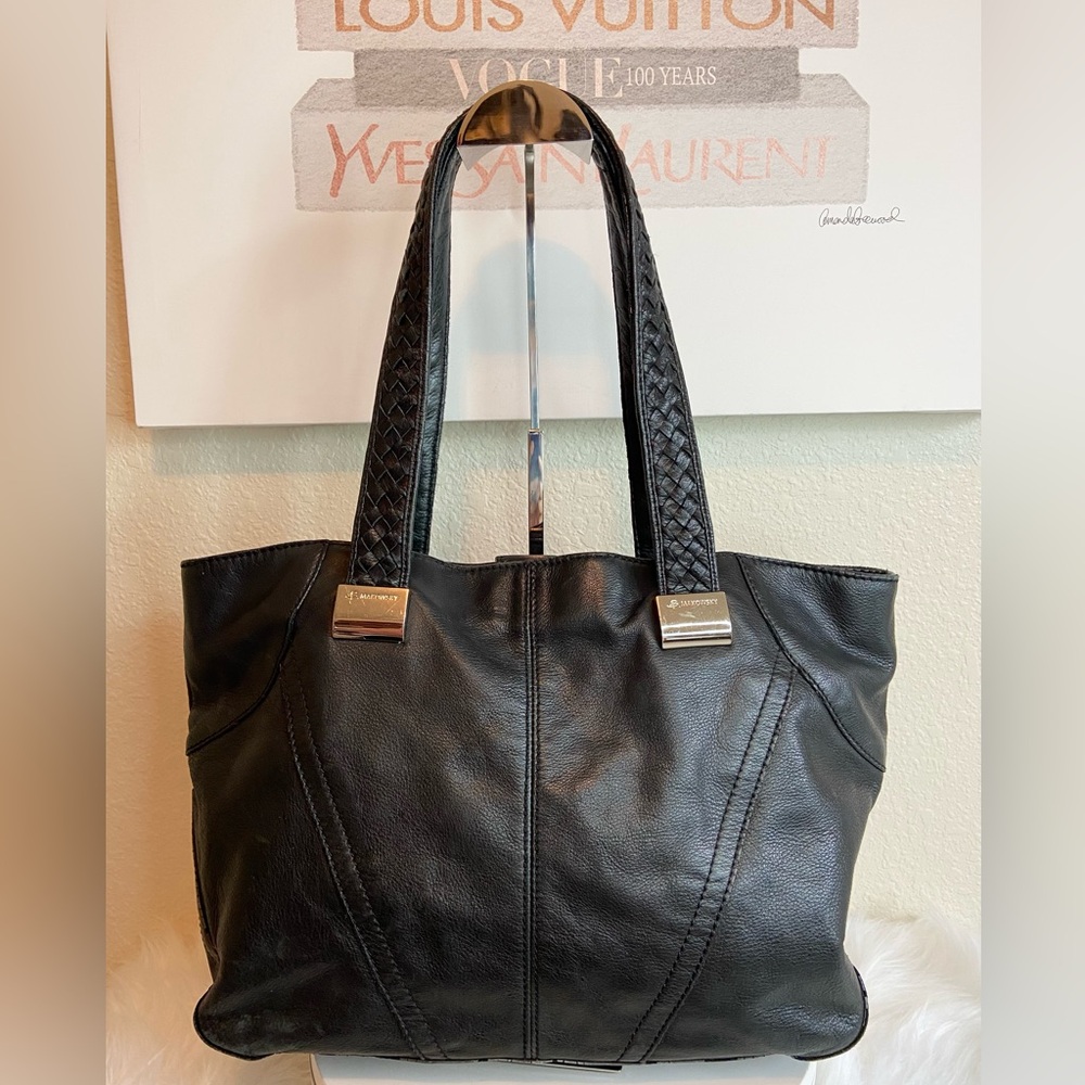 B Makowsky Black Leather Tote w/Leopard  Interior